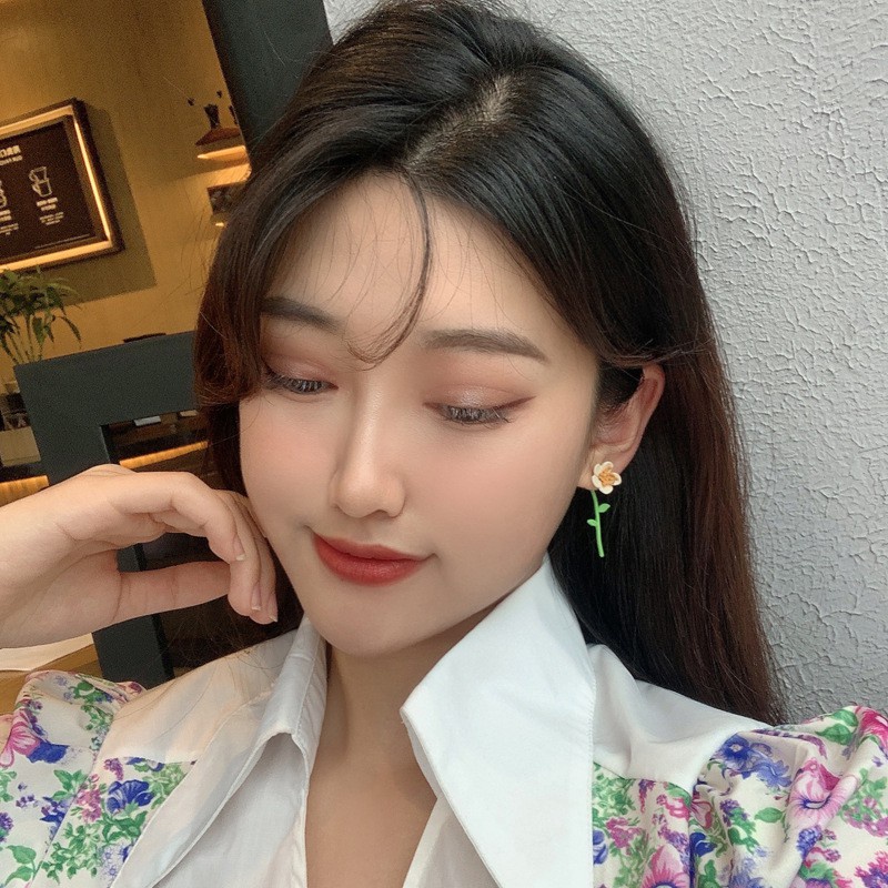 Bông tai bạc S925 hình hoa màu sắc tương phản phong cách Nhật Hàn thời trang cho nữ F275