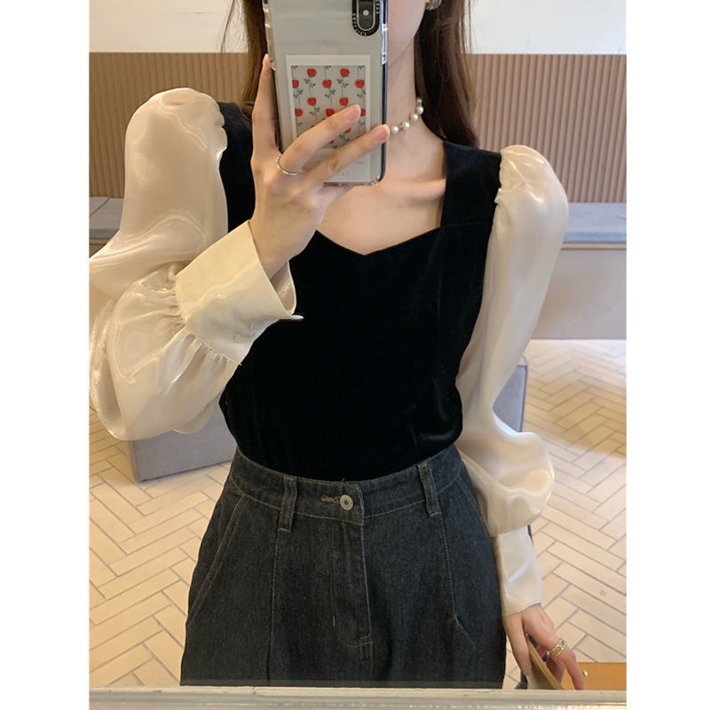 Áo Sơ Mi Tay Phồng Chất Liệu Nhung Thời Trang 2022 Phong Cách Vintage Cho Nữ