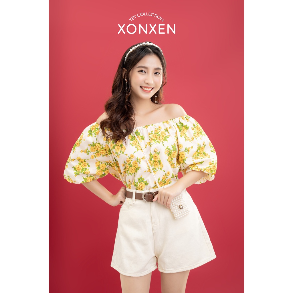 Áo kiểu nữ áo trễ vai họa tiết hoa to nổi bật XONXEN SHOP freesize mã 733