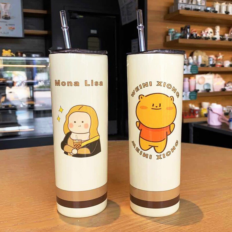 Bình nước hai lớp cách nhiệt kèm ống hút - Cốc inox kèm ống hút kiểu mới