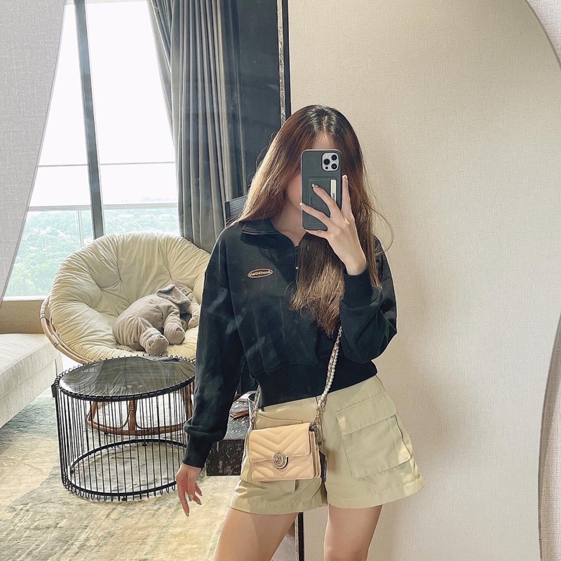 Túi lyn khoá tròn mini đeo chéo dây hạt ngọc