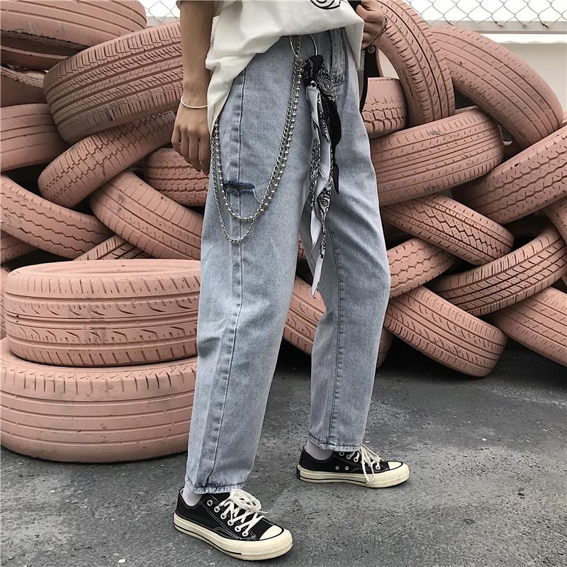 Quần Jean Nam Nữ- Baggy Nam Nữ Thời TRangJean Wash Rách Thời Trang - Kèm xích y hình