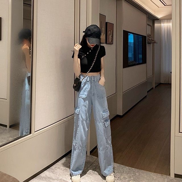 [ảnh thật]Quần jeans túi hộp ống rộng style ulzzang J53 quần bò denim Chaiko Studio