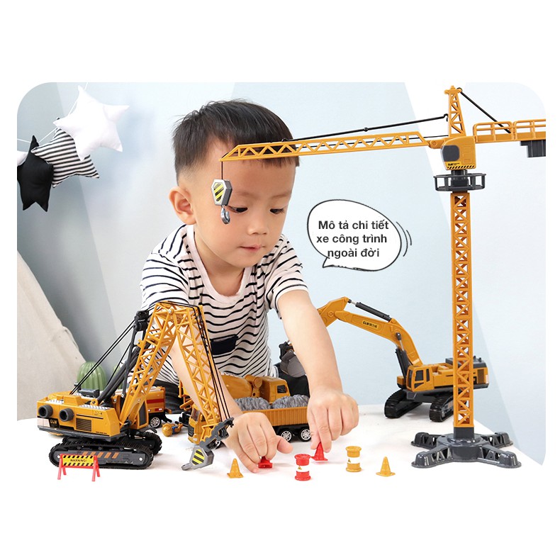 Bộ đồ chơi xe công trình xây dựng bằng sắt và nhựa, gồm rất nhiều xe  kèm vali kéo tiện lợi kích thước lớn