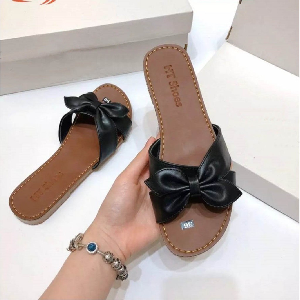 [BẢO HÀNH 12 THÁNG] dép nữ da quai ngang thắt nơ hình lá cây HÀNG LOẠI 1