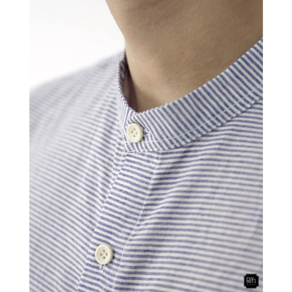 [HÀNG THIẾT KẾ] Áo sơ mi Breeze GUY's Closet, Cổ trụ, Họa tiết kẻ sọc xanh, Chất liệu cotton tháng mát | BigBuy360 - bigbuy360.vn