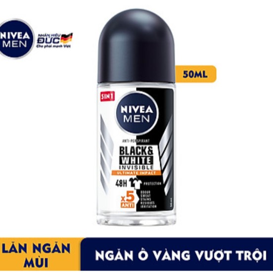 Lăn ngăn mùi NIVEA Black &amp; White 5in1 ngăn vệt ố vàng vượt trội
