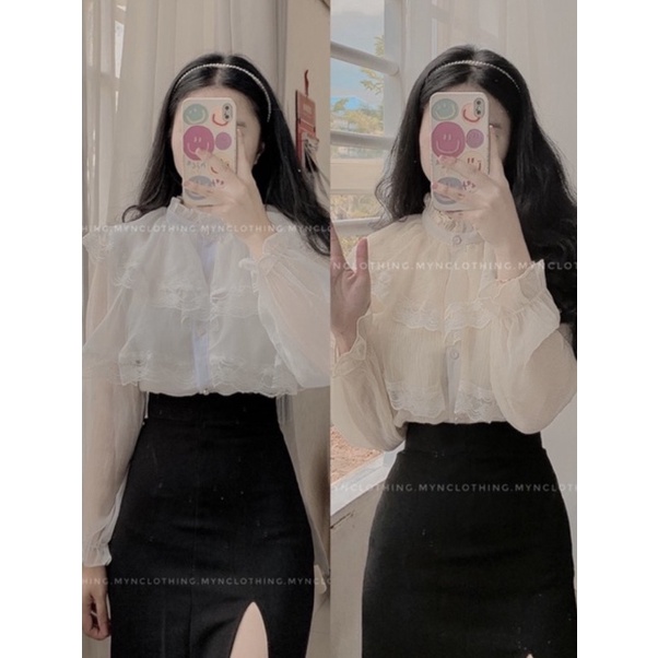 Áo sơ mi tiểu thư bánh bèo 2 tầng phối ren