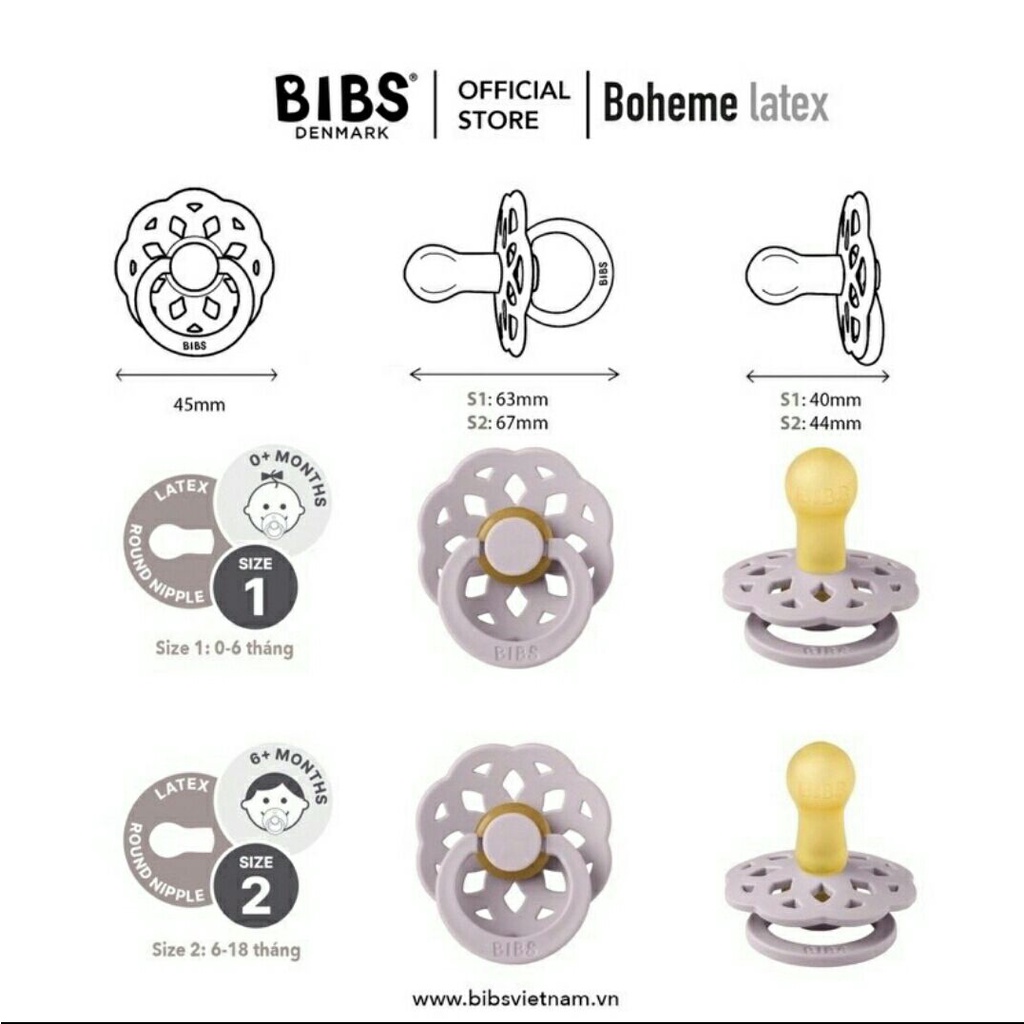 TI NGẬM BIBS BOHEME, TI GIẢ BOHEME CHÍNH HÃNG NÚM CAO SU TRÒN SIZE 1-2