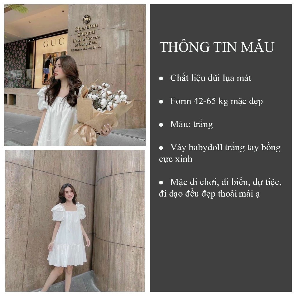 Váy babydoll trắng tay phồng VIETSTAR đầm tiểu thư dự tiệc cổ vuông chất đũi lụa mềm mát