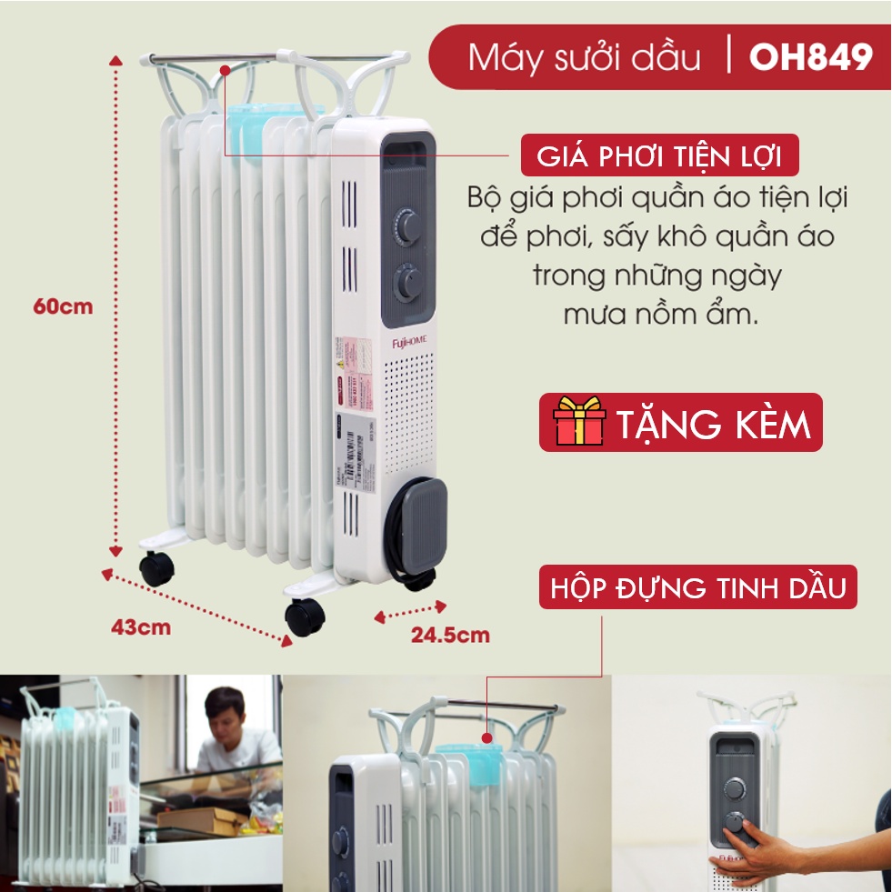 Máy sưởi dầu Nhập Khẩu Nhật Bản không khô da Fujihome 9 thanh, máy sưởi ấm điện tự ngắt không đốt oxi không gốm mini