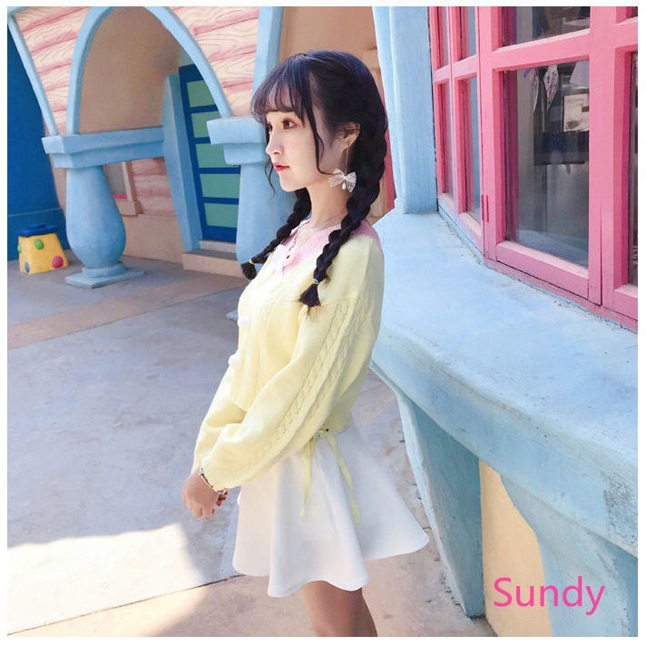 Áo Sweater Dáng Rộng Cổ Chữ V Phối Nơ Xinh Xắn Theo Phong Cách Mùa Thu