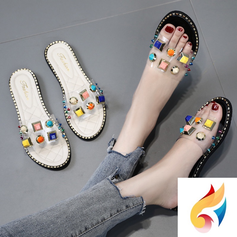Sandal Đi Biển Đế Bằng Đính Đinh Tán Nhiều Màu Sắc Phong Cách Mới 2021 Cho Nữ