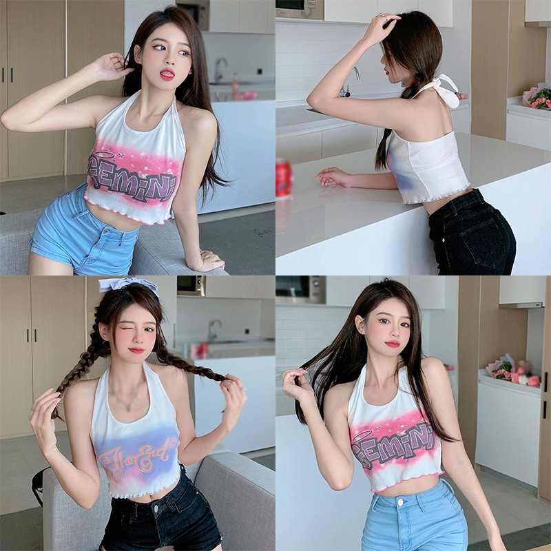 Áo Croptop Hai Dây Dáng Ôm In Họa Tiết Thời Trang Mùa Hè Hàn Quốc Quyến Rũ Cho Nữ