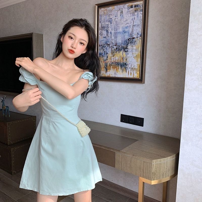 Đầm Chữ A Tay Phồng Cổ Vuông Màu Xanh Bạc Hà Phong Cách Pháp Thời Trang Cho Nữ