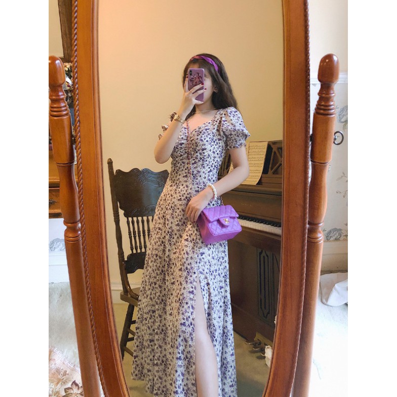 Váy nữ đẹp 🌈FREESHIP🌈váy hoa nhí tím dịu dàng tay bồng dáng dài xẻ tà siêu xinh