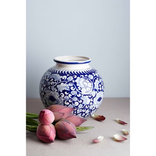 Bình hoa men trắng vẽ hoa phù dung cổ dáng vò, gốm Bát Tràng