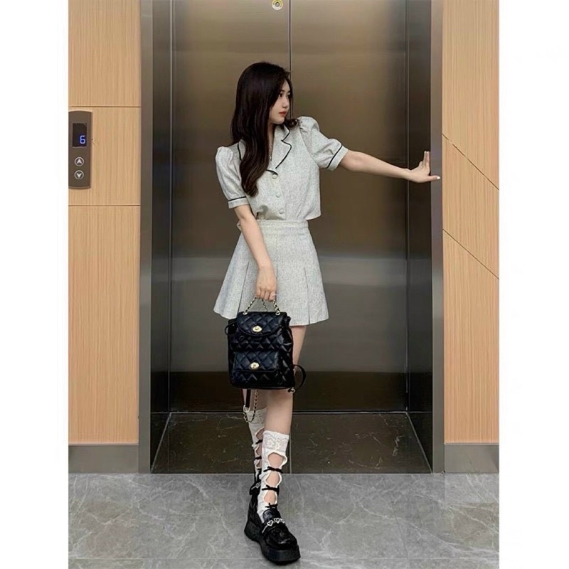 set vest dạ cổ vest viền + chân váy xếp li siêu đẹp