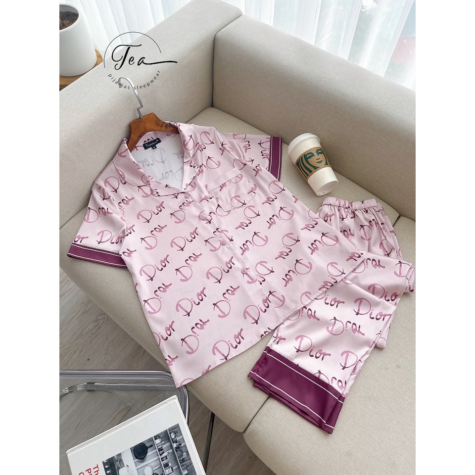 Bộ mặc nhà Pyjama chất lụa Tea Store áo cộc quần dài họa tiết D!or