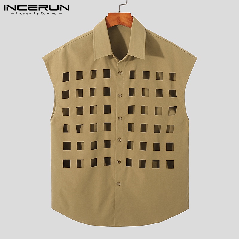 Áo sơ mi INCERUN không tay dáng rộng cổ bẻ thiết kế rỗng thời trang cá tính cho nam