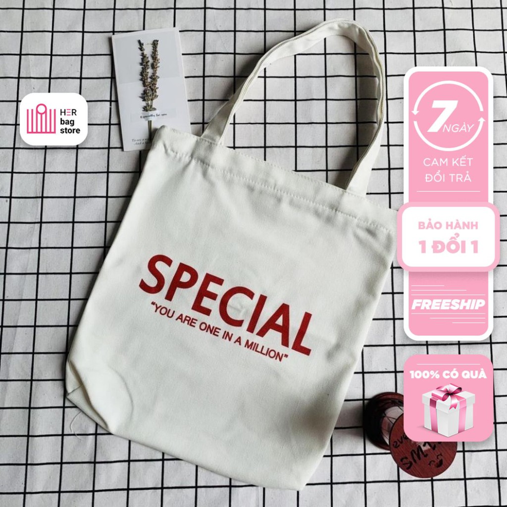 Túi tote vải canvas dày dặn in chữ SPECIAL có khóa kéo đi học đi chơi cực đẹp giá rẻ Herbagstore