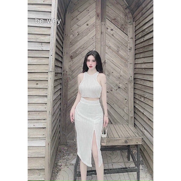 ￼Set Xốp Áo Croptop Ba Lỗ Sát Nách Và Chân Váy Bút Chì Dáng Dài Maxi Xẻ Tà - Form Ôm Body Sexy Sang Chảnh