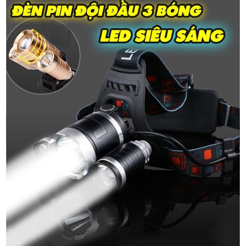 Đèn pin đội đầu siêu sáng 3 bóng led T6- kèm 2 pin, kèm sạc [ ĐÈN-PIN ]