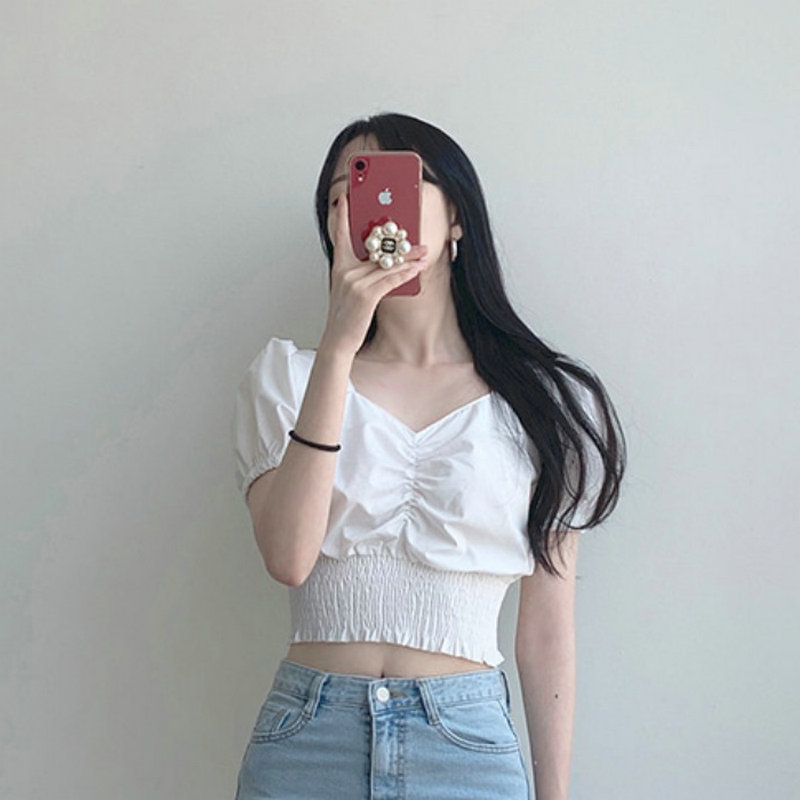 Crop Top Tay Phồng Dây Rút Phong Cách Hàn Quốc