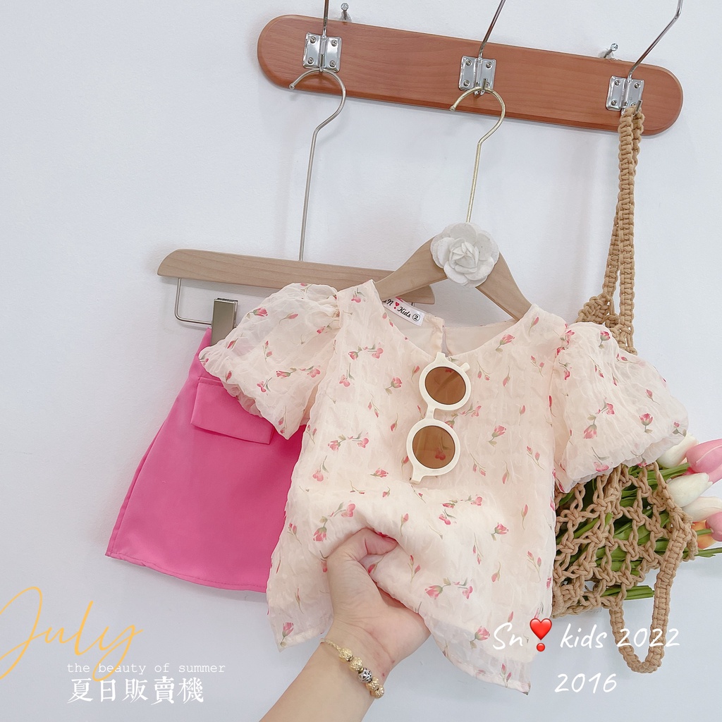 Set áo xốp hoa tay phồng cv A bé gái