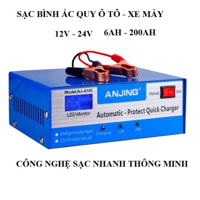 Bộ sạc acquy tự động 12v đến 24v nạp cho acquy từ 4ah đến 200ah - Tự động phục hồi Bình