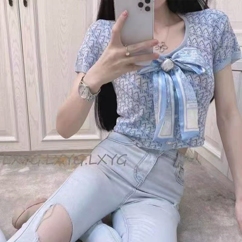 Áo len mỏng cộc tay kèm nơ, Áo len mongtoghi ngắn tay in chữ AL9803 - NhiNhi Shop