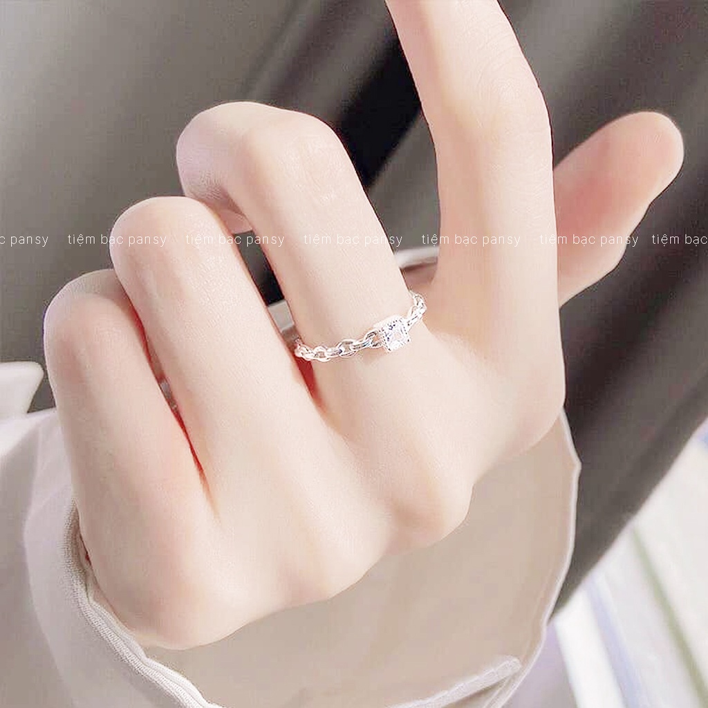 Nhẫn bạc nữ PANSY dạng dây xích hở freesize đính đá hình vuông, nhẫn xoắn bạc ta điều chỉnh được kích cỡ