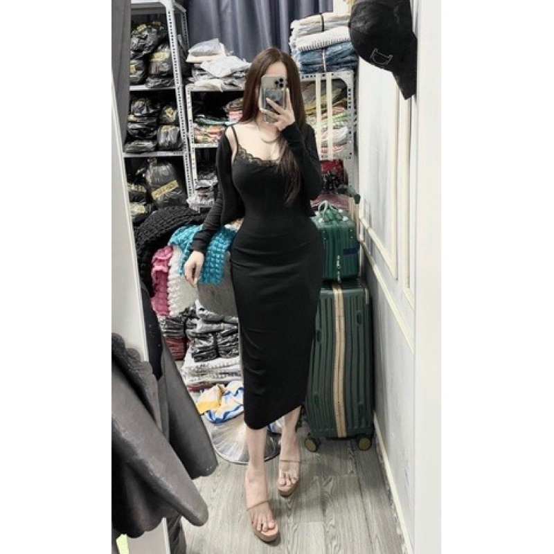 Đầm  2 dây kém áo khoác  chất vải thun gân