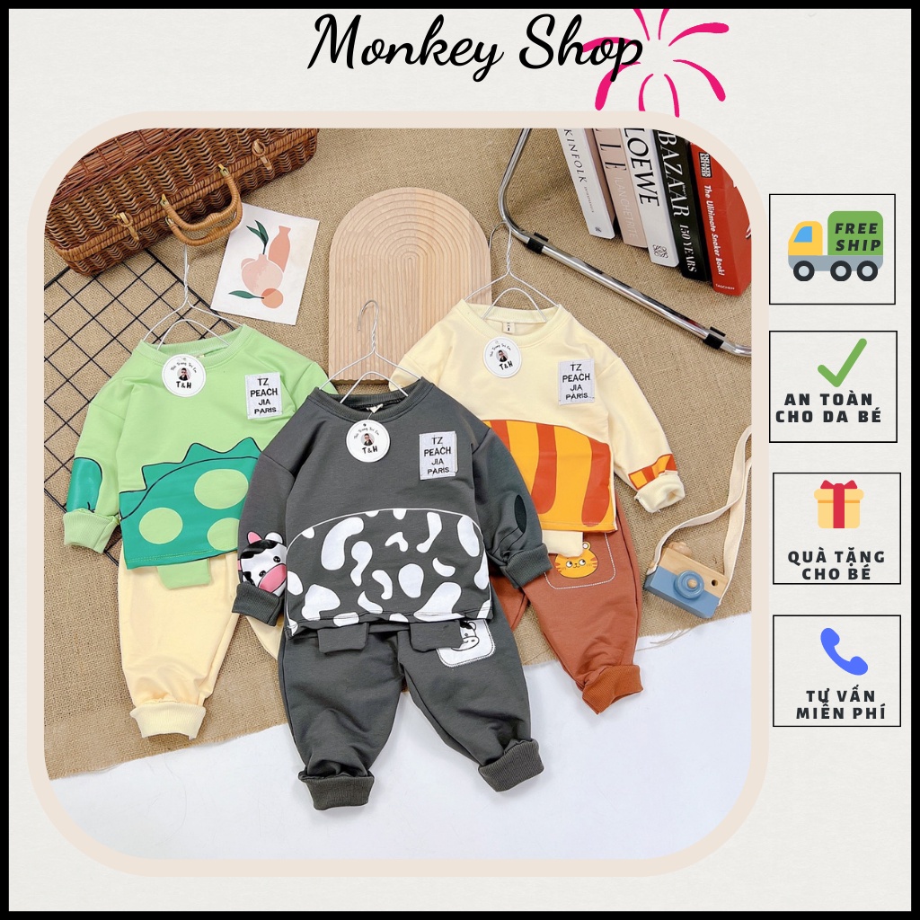 Bộ nỉ dài tay in hình thú cho bé size từ 10-20kg, bộ quần áo nỉ Monkey shop
