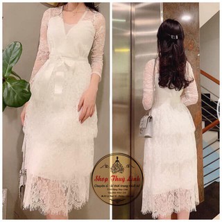 Đầm ren tầng dài tay cột nơ - Hình thật
