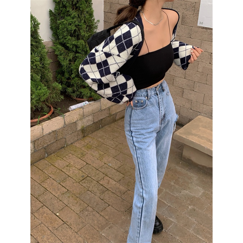 Set Áo Khoác Len Caro Và Áo Hai Dây Croptop KL34