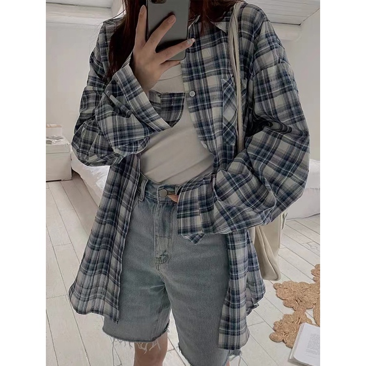 Áo Sơ Mi Caro Tay Dài Dáng Rộng Trẻ Trung Phong Cách Hàn Quốc Cho Bạn Gái