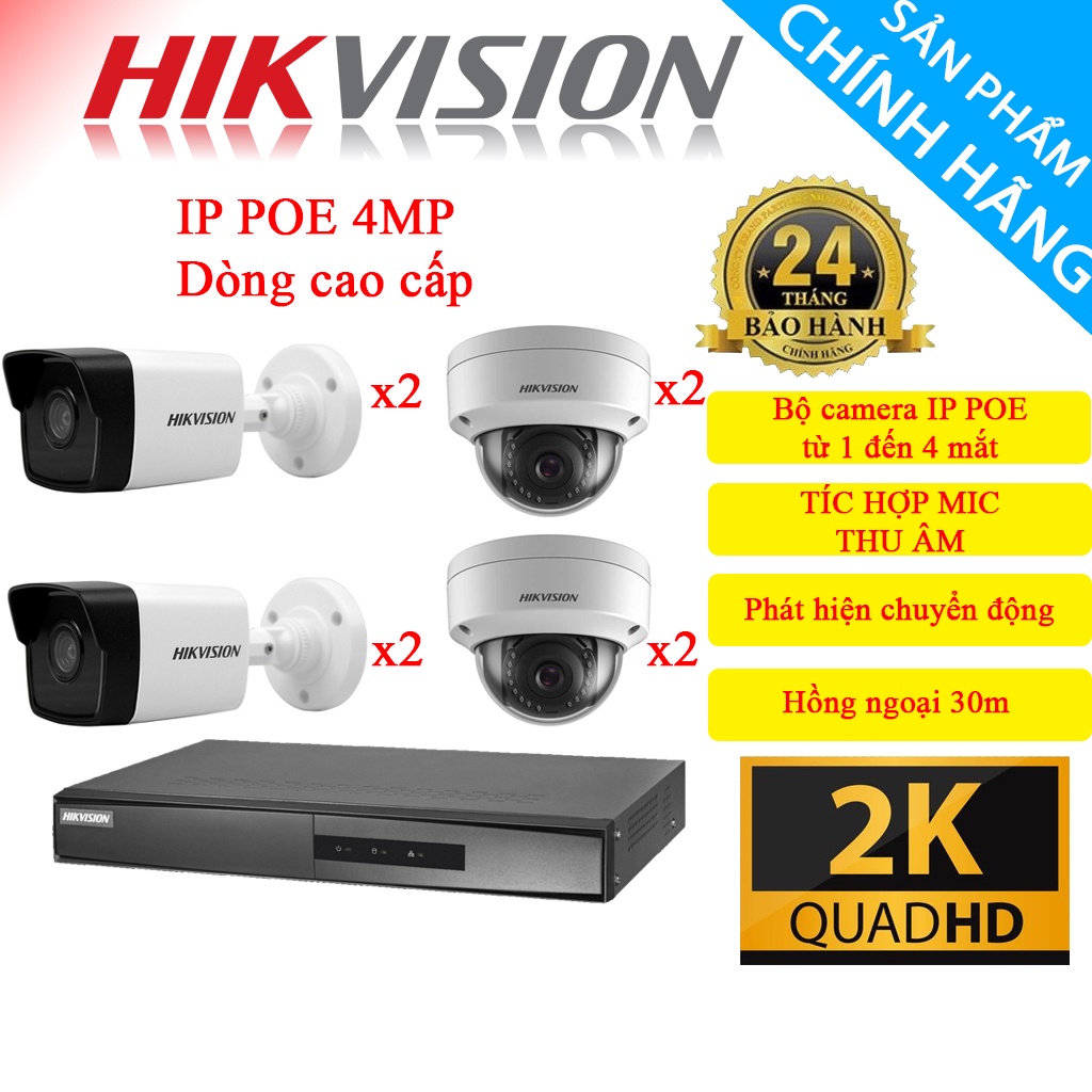 Bộ Camera 5/6/7/8 Mắt IP POE HIKVISION 4.0MP [ TÍC HỢP MIC ] - Hàng Chính Hãng, Bảo Hành 24 Tháng