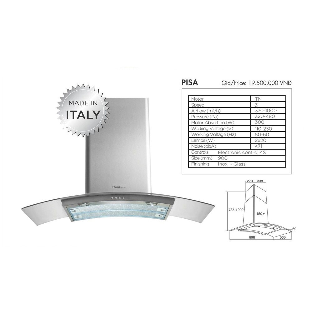 Máy hút mùi nhà bếp dạng kính cong 90cm Torino PISA nhập khẩu Italy
