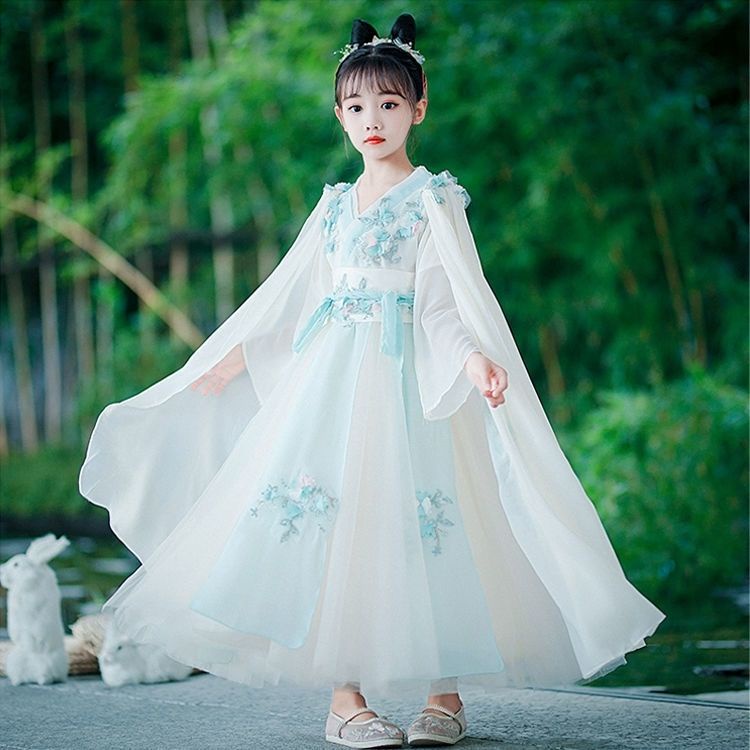 Váy Hán phục siêu tiên của bé gái Trung Quốc, váy thời Đường phiêu dật, váy cổ trang cổ trang của trẻ em, xuân thu 13,9