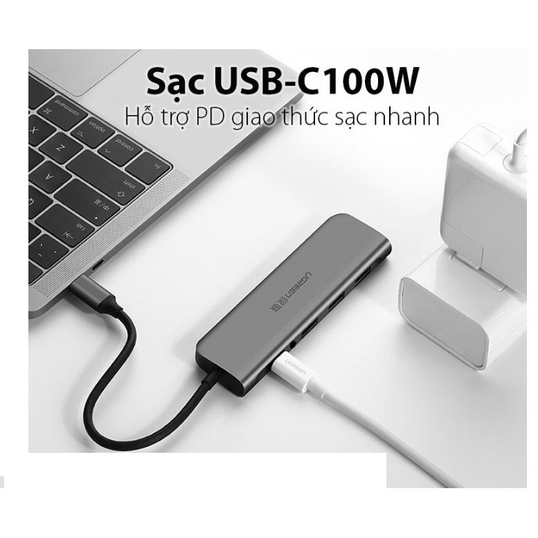 Cáp Chuyển USB C 6 in 1 UGREEN 80132 ( USB C to 3 USB 3.0+HDMI 4K + Audio 3.5mm hỗ trợ Mic + USB Type C)