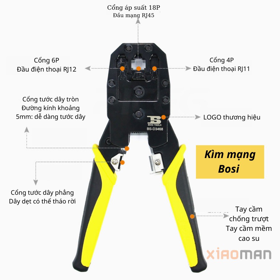 Kìm bấm mạng đa năng Bosi, kìm bấm dây mạng xuyên thấu thiết kế trợ lực chống trượt cực xịn
