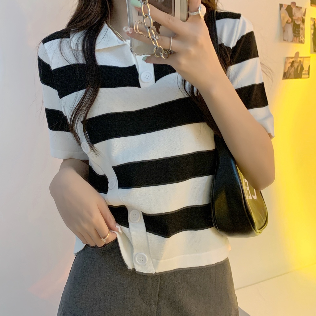 Áo polo Tay Ngắn Họa Tiết Kẻ Sọc Thời Trang Hàn Quốc Cho Nữ