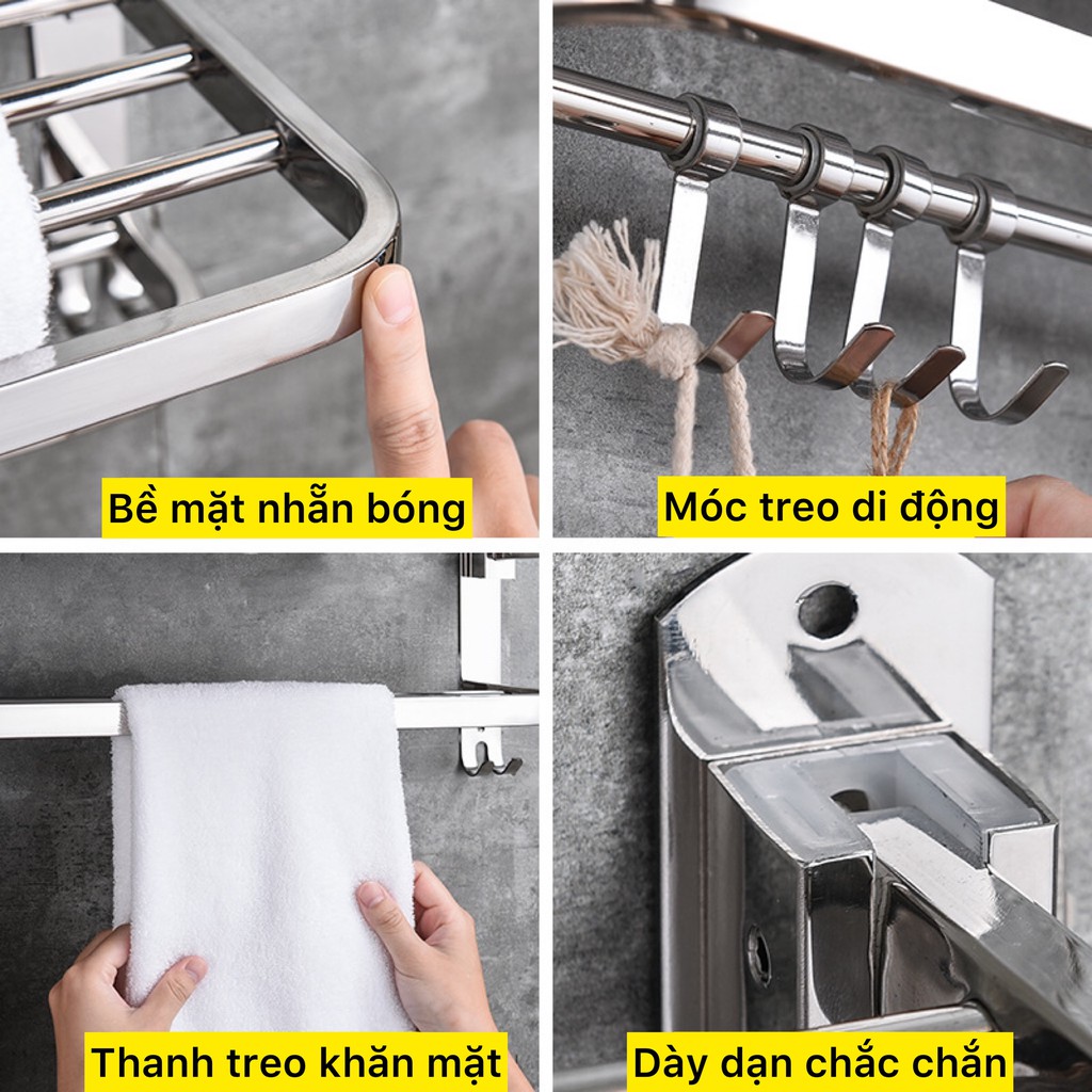 Giá treo khăn nhà tắm inox 304 dán tường kèm kệ góc kệ chữ nhật để dầu gội sữa tắm