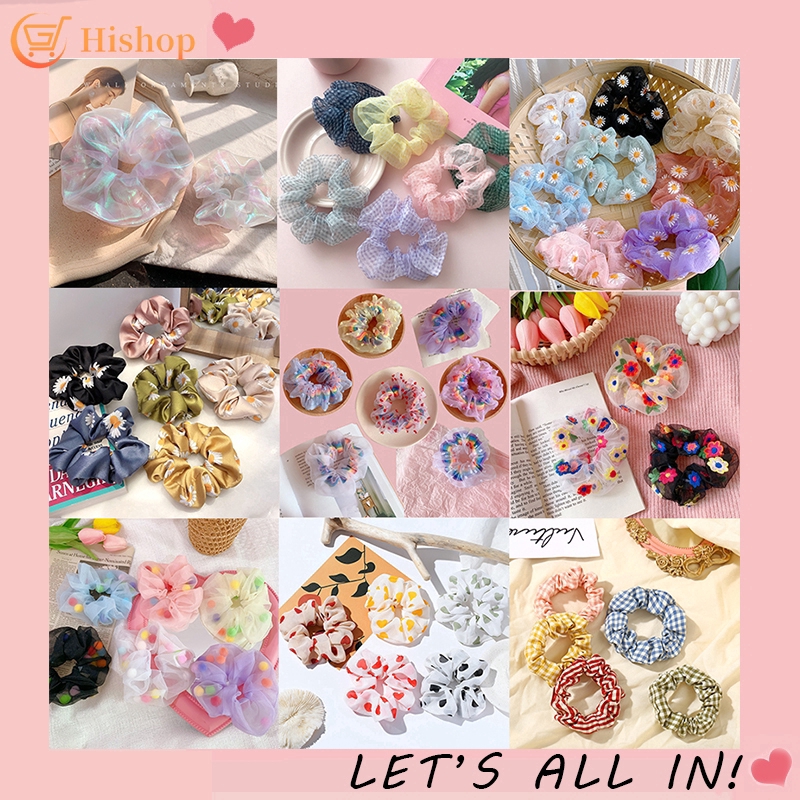 Dây buộc tóc chiffon Hishop in hoa cúc nhiều màu cho nữ