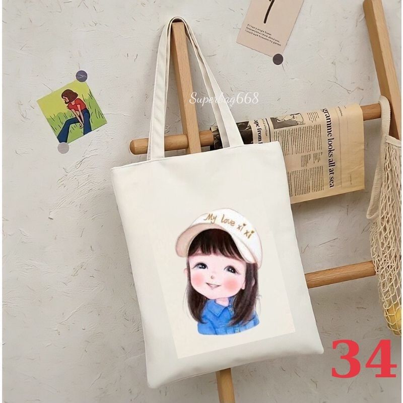 Túi tote túi vải canvas Hàn Quốc hoạ tiết đáng yêu đựng vừa A4 laptop đi chơi đi học HQ 215