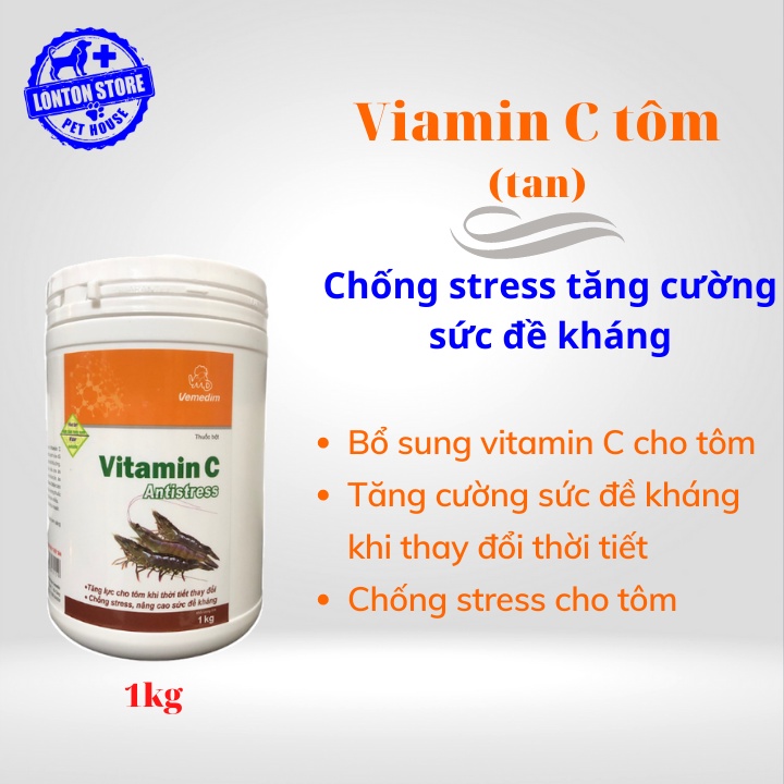 VEMEDIM Vitamin C Antistress tôm, loại tan, dùng chống stress, nâng cao sức đề kháng cho tôm, hộp 1kg