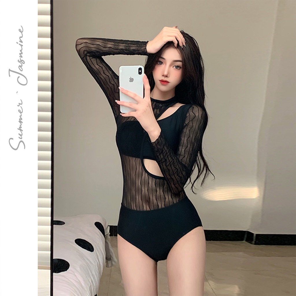 Đồ bơi liền thân co giãn tay dài phong cách Hàn Quốc thời trang cho nữ