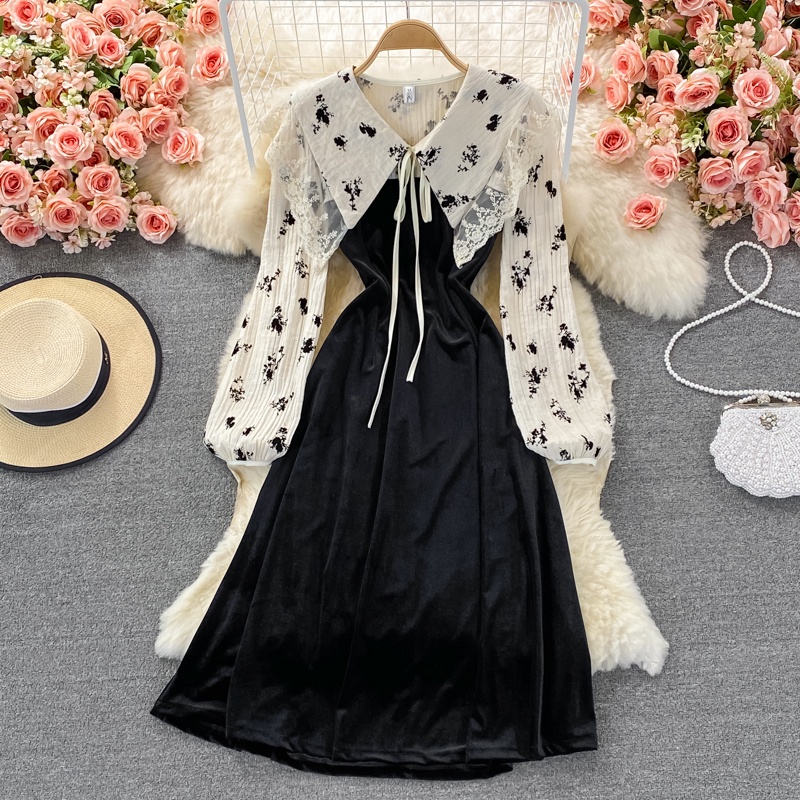 Đầm kiểu Pháp retro khâu giả hai mảnh eo thắt lưng, khí chất mỏng và chiếc váy cổ búp bê ngọt ngào