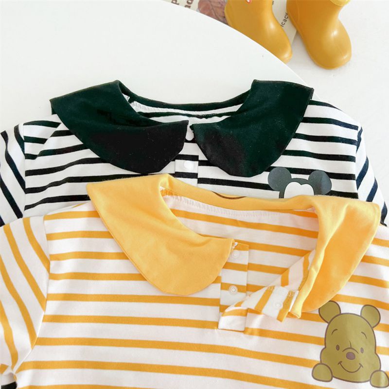 Áo Liền Quần Tam Giác Cổ Thủy Thủ Họa Tiết Hoạt Hình Kẻ Sọc Màu Tương Phản Thời Trang Mùa Hè Cho Bé